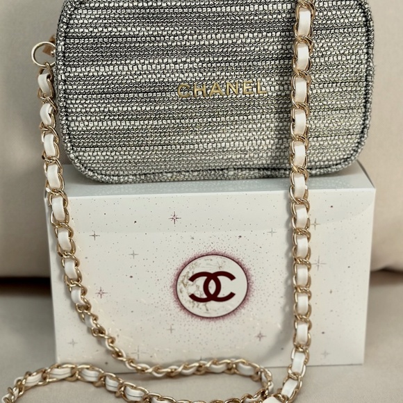 CHANEL Handbags - CHANEL NEW LIMITED SILVER/GOLD COSMETIC BAG added unbranded GOLD/WHITE STRAP